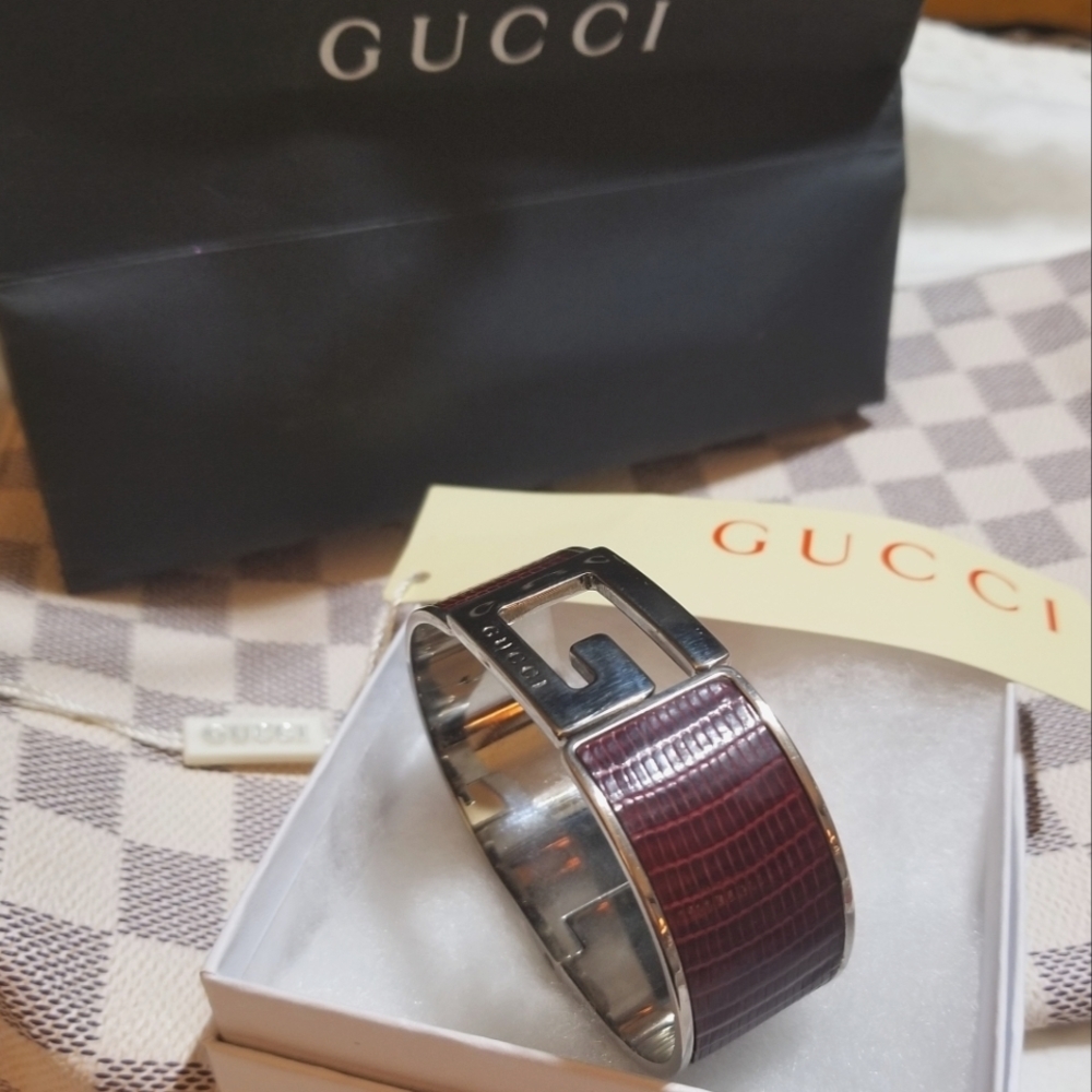 GUCCI Logo Alligator Leather Silver Clamper Bangle Bracelet - Picture 8 of 8